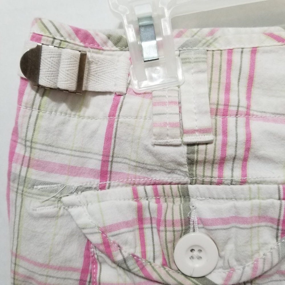 Red Camel shorts 7 madras plaid preppy cuffed buckle cinch low rise stretch Y2K - Picture 9 of 14